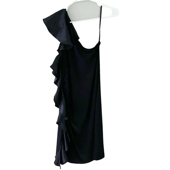 White House Black Market Womens Black Dress 8 One Shoulder Ruffled LBD Cocktail - Picture 1 of 8